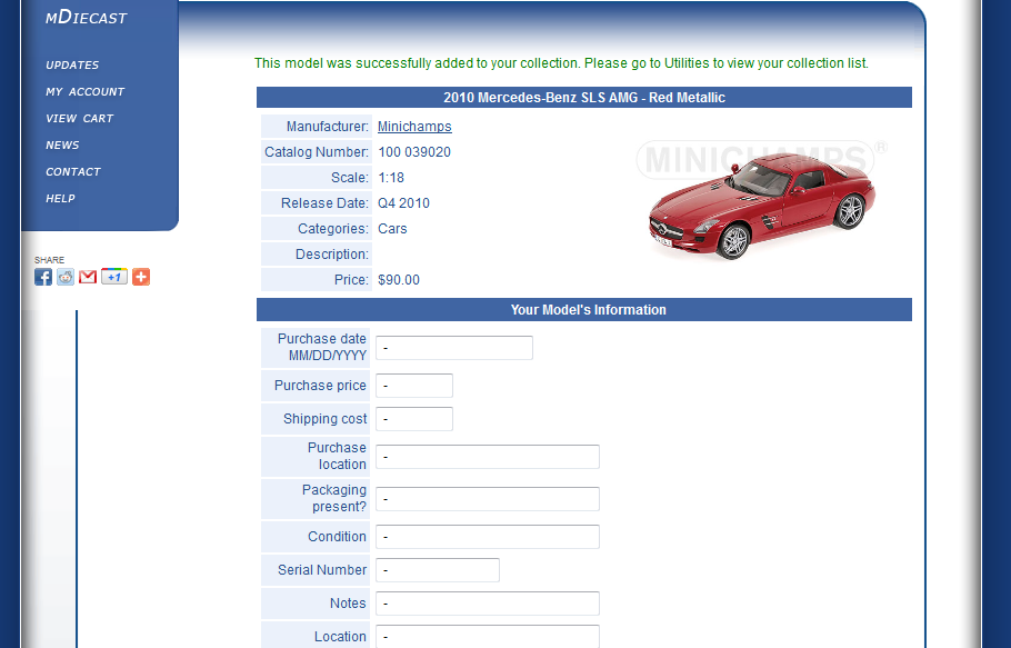 Step 2. Entering model's informatoin when adding models to your to collection list