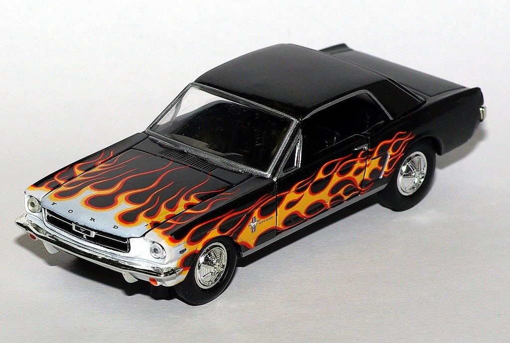 Road Champs: 1965 Ford Mustang HardTop - Black/Flames in 1:43 scale