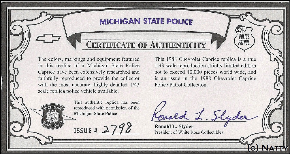 White Rose Collectibles: 1988 Chevrolet Caprice Michigan State Police (DEDF98005WMD) in 1:43scale
. Picture provided by Natty, 2012-02-17 11:28:48
